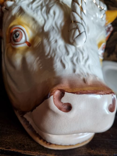 fig 1. A LARGE ANTIQUE POTTERY COW,S HEAD TONGUE DISH AND COVER