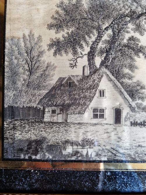 A E19thc Naive Silkwork of a Country Cottage with a Great Trade Label