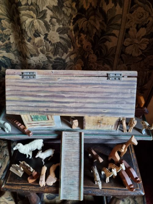 Late 19thc Wooden Naive Noah,s Ark and Animals Scarce