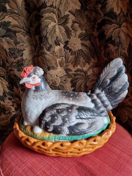 Large Antique Pottery Hen on Nest 2 Part Egg Carrier.