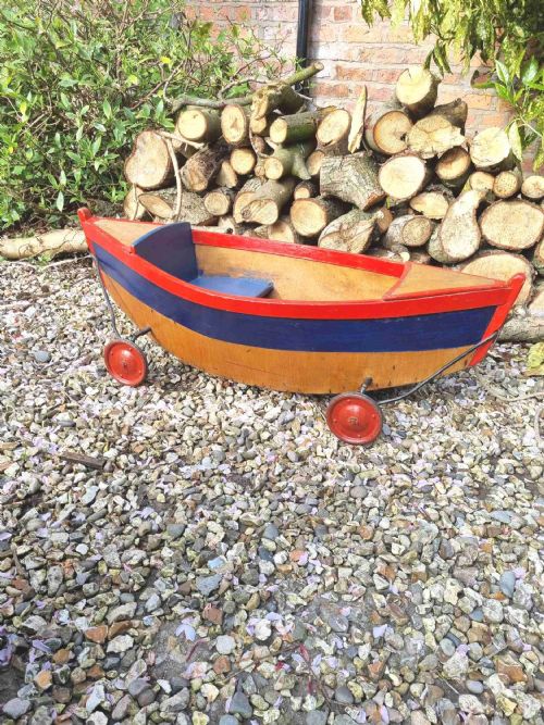 Unusual Antique Childs Sit in  Pull Along Boat