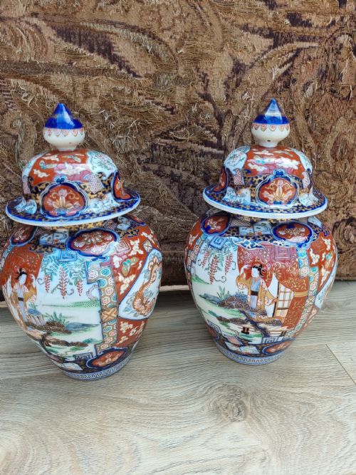 A Good Large Pair of 19thc Imari Vases and Covers
