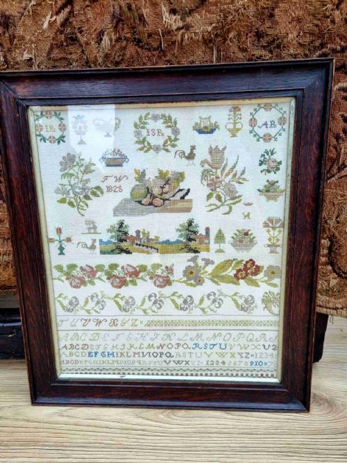 Early 19thc Needlework Sampler in Oak Frame Dated 1825 Intialled Jw
