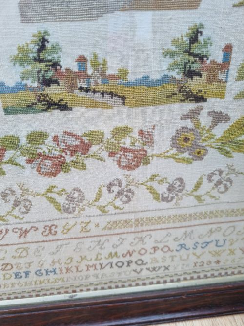 fig 1. EARLY 19THC NEEDLEWORK SAMPLER IN OAK FRAME DATED 1825 INTIALLED JW