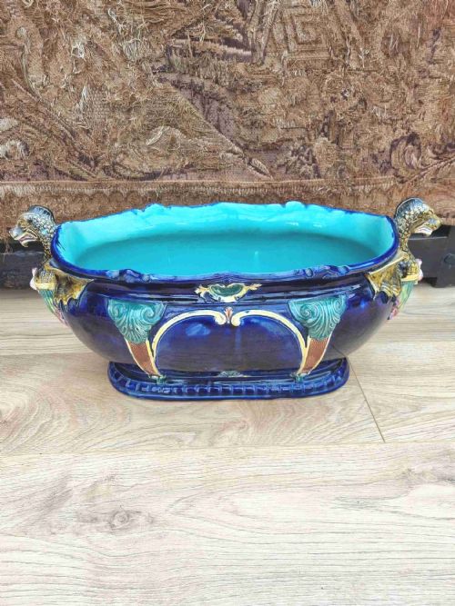Super Large 19thc Blue Majolica Planter /Jardiniere