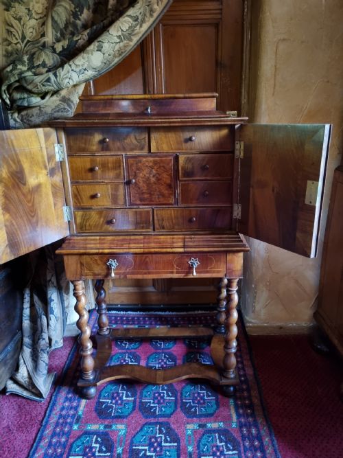 Good Small 19thc Walnut Fitted Cabinet on Barley Sugar Stand .