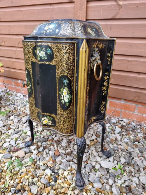 fig 1. A GOOD PONTYPOOL TOLEWARE DECORATED TIN PLATE WARMER C1830
