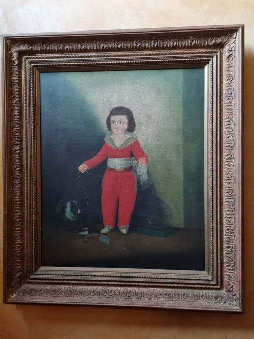 Large 19thc Oil on Canvas of a Young Boy? with Birds Signed .