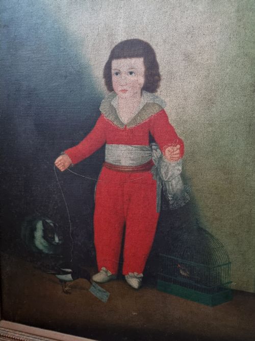 fig 1. LARGE 19THC OIL ON CANVAS OF A YOUNG BOY? WITH BIRDS SIGNED .