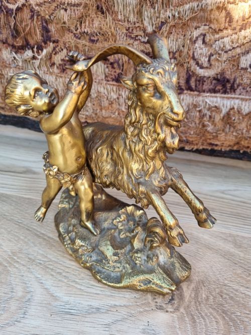 Quality 19thc Gilt Bronze of a Cherub Playing with a Goat