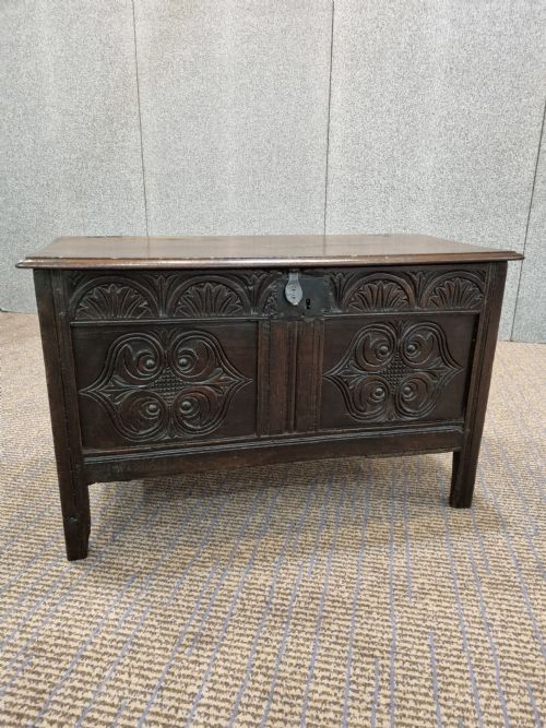 Good Late 17thc Carved Oak Coffer Original Throughout.