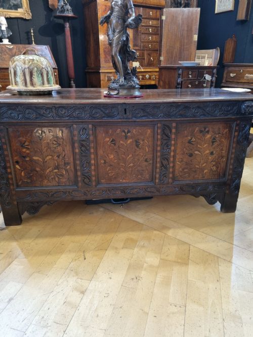Rare Mid 17th C Yorkshire Marquetry Panelled  Oak Coffer/kist