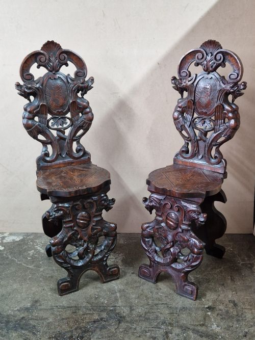 18thc Italian Carved Pair of Outstanding Walnut Hall Chairs