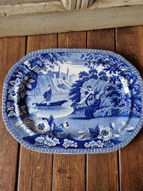 Large Antique "Lady on the Lake" Perfect Blue and White Plate