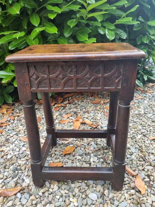 fig 1. MID 17THC GOTHIC CARVED TALL OAK JOINT STOOL