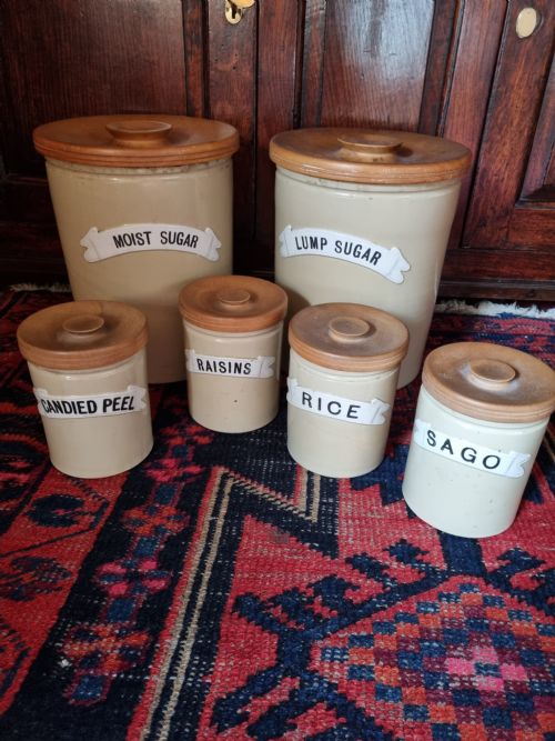 fig 1. SET OF 6 19THC NAMED KITCHEN STONEWARE KITCHEN JARS