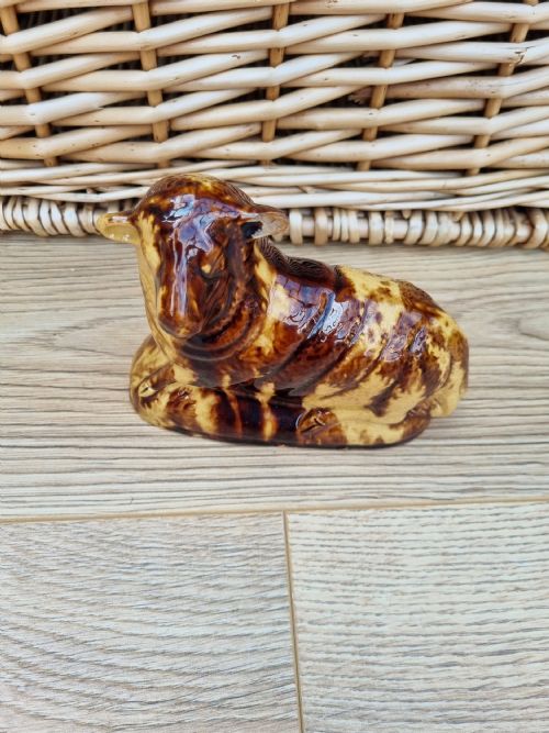 Rare Large L18thc Recumbent Sheep Brown and Yellow Glazes