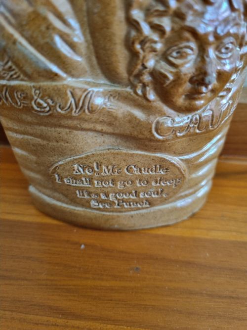 fig 1. GOOD DOULTON AND WATTS MR CAUDLE STONEWARE GIN FLASK