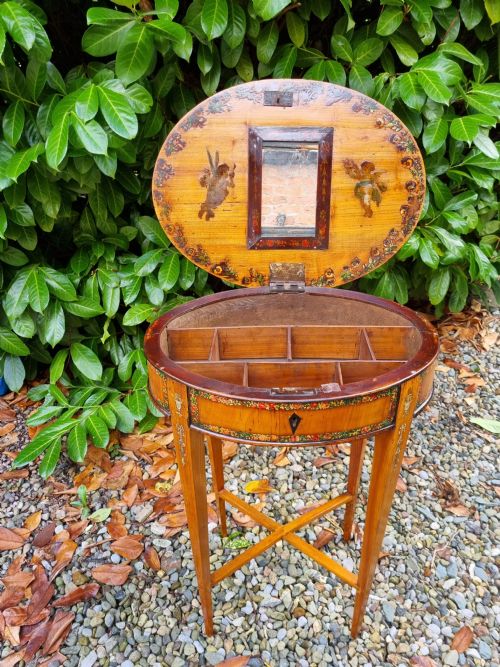 fig 1. GOOD L18THC/E19THC PAINTED AND DECORATED SATINWOOD OVAL TABLE.