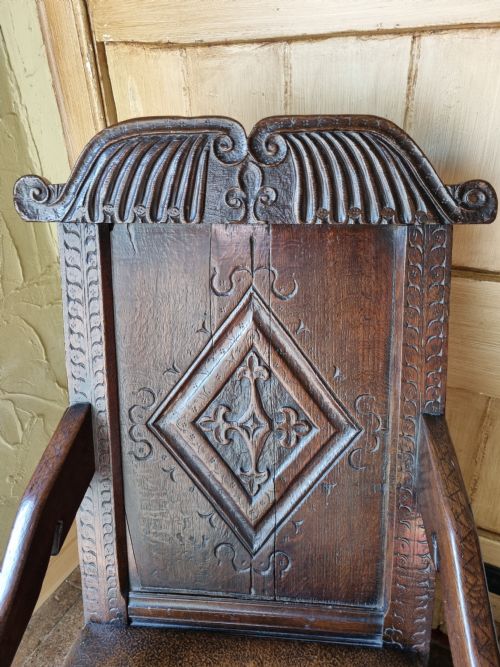 fig 1. LARGE 17THC YORKSHIRE CARVED OAK ROCKING ARMCHAIR C1680