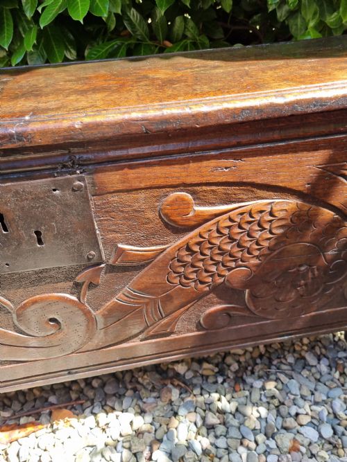RARE L17THC ORIGINAL CARVED OAK WEST COUNTRY COFFER - ADDITIONAL PHOTO 5