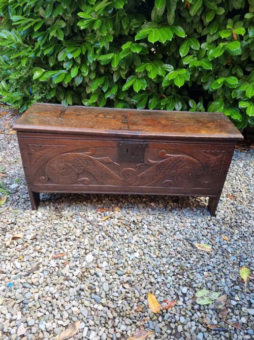RARE L17THC ORIGINAL CARVED OAK WEST COUNTRY COFFER - ADDITIONAL PHOTO 6
