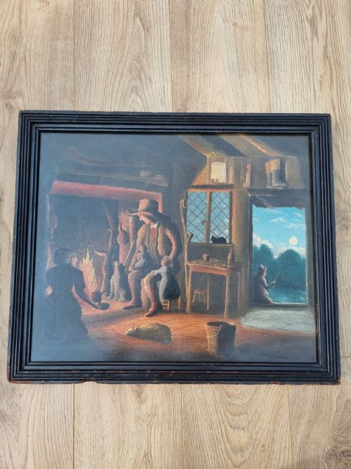 A Welsh  19thc Oil Painting of a Farm Cottage Interior