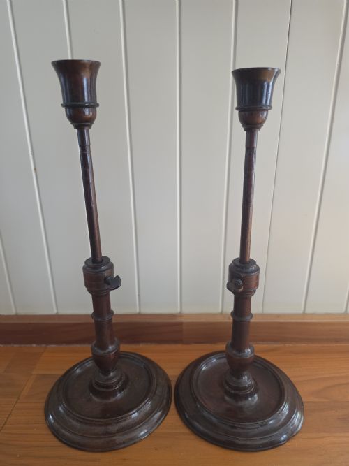 fig 1. PAIR OF RARE GEORGIAN YEW WOOD ADJUSTABLE CANDLESTICKS