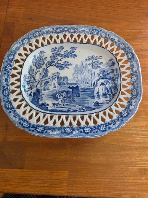 Early 19thc Blue and White  Fretted Platter  Davenport