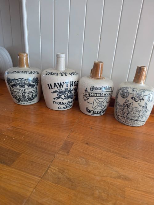 4 Antique 19thc Stoneware Advertising/whisky Flasks