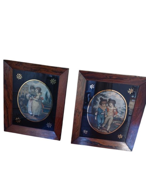 Pair of 19thc Endearing Children Prints in Rosewood Frames