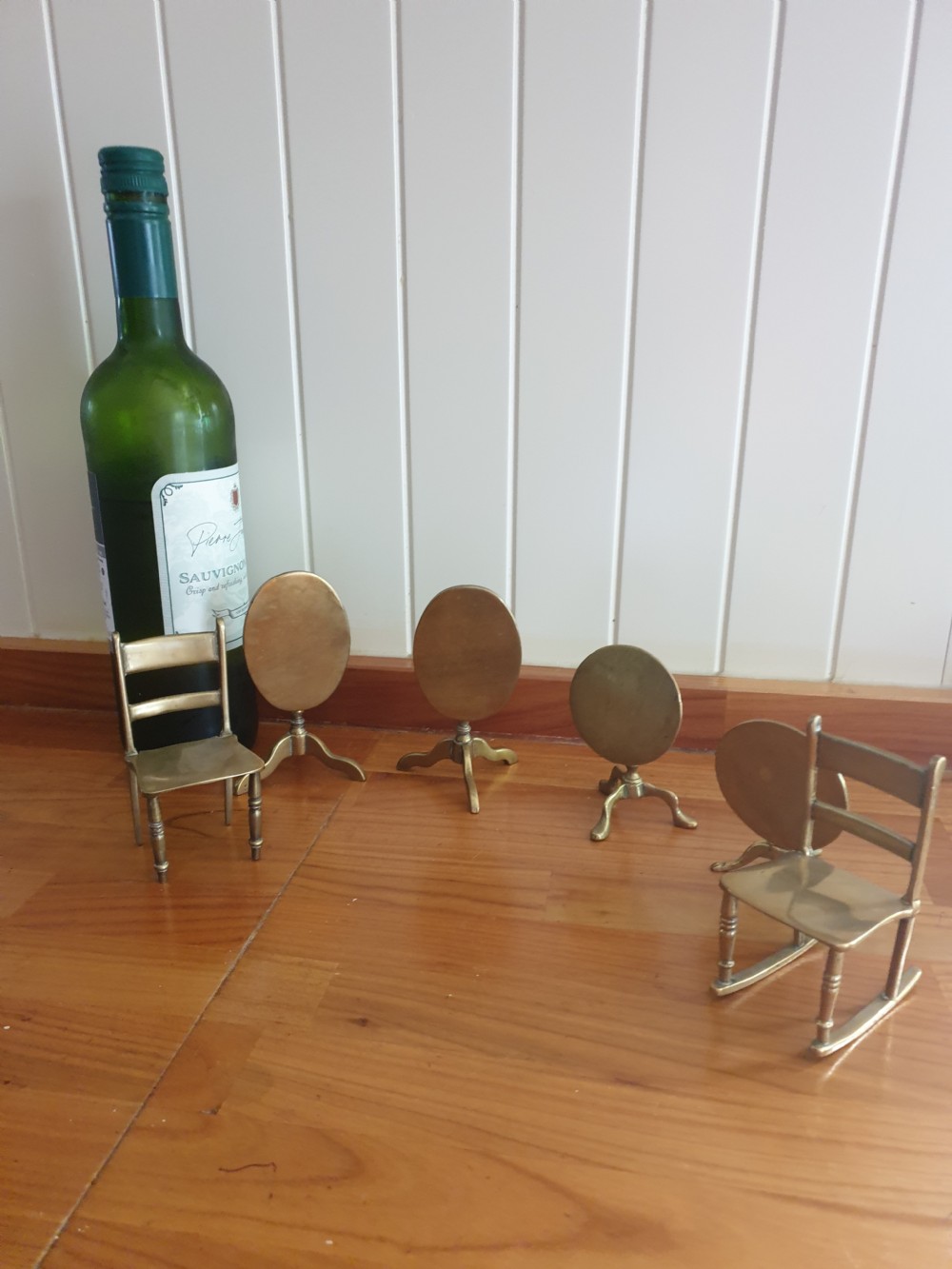ANTIQUE MINATURE GROUP OF BRASS 
TRIPOD TABLES AND CHAIRS SIX IN TOTAL View III