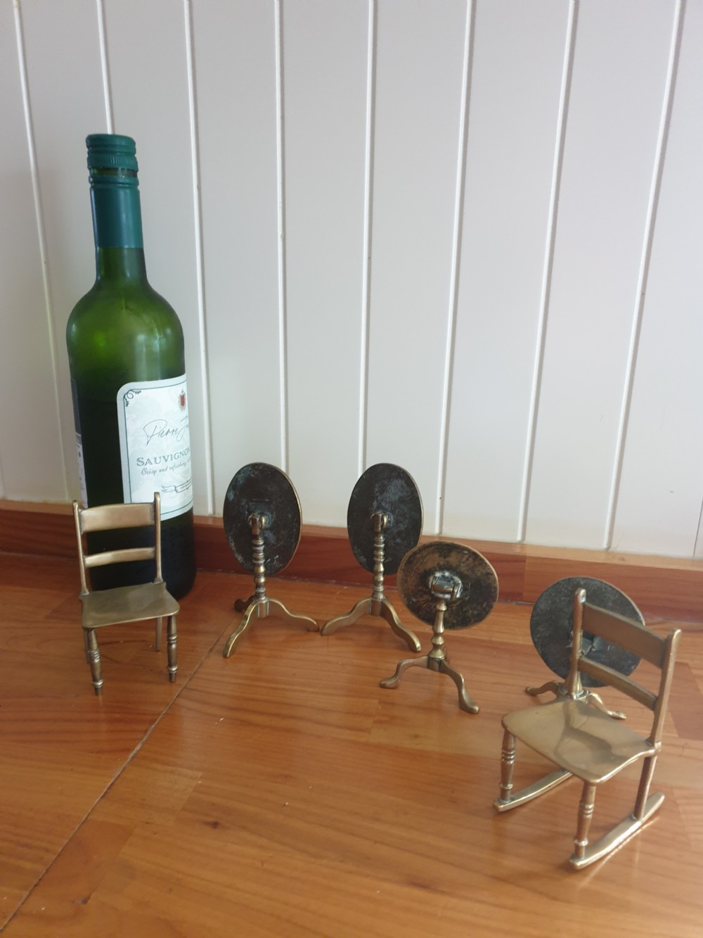 ANTIQUE MINATURE GROUP OF BRASS 
TRIPOD TABLES AND CHAIRS SIX IN TOTAL View IV