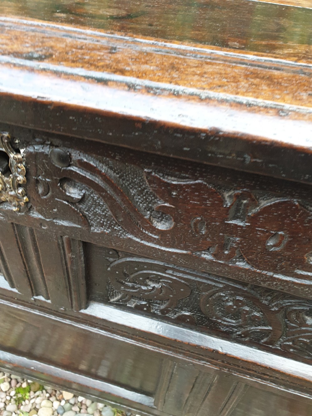 A 17TH CENTURY OAK CARVED COFFER/BOX ORIGINAL CARVING FROM THE NORTH View III