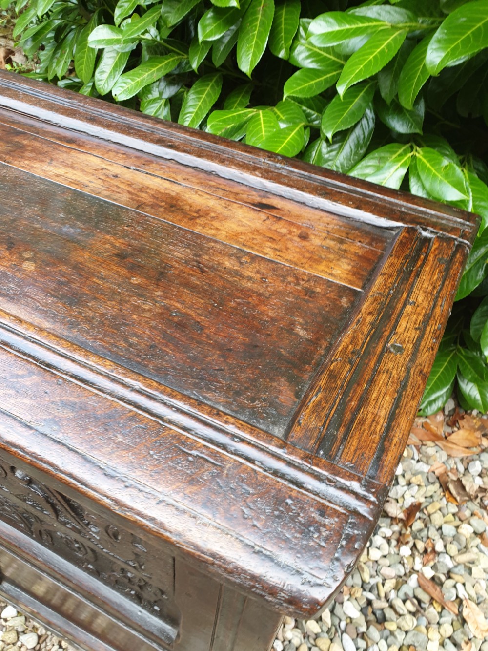 A 17TH CENTURY OAK CARVED COFFER/BOX ORIGINAL CARVING FROM THE NORTH View V