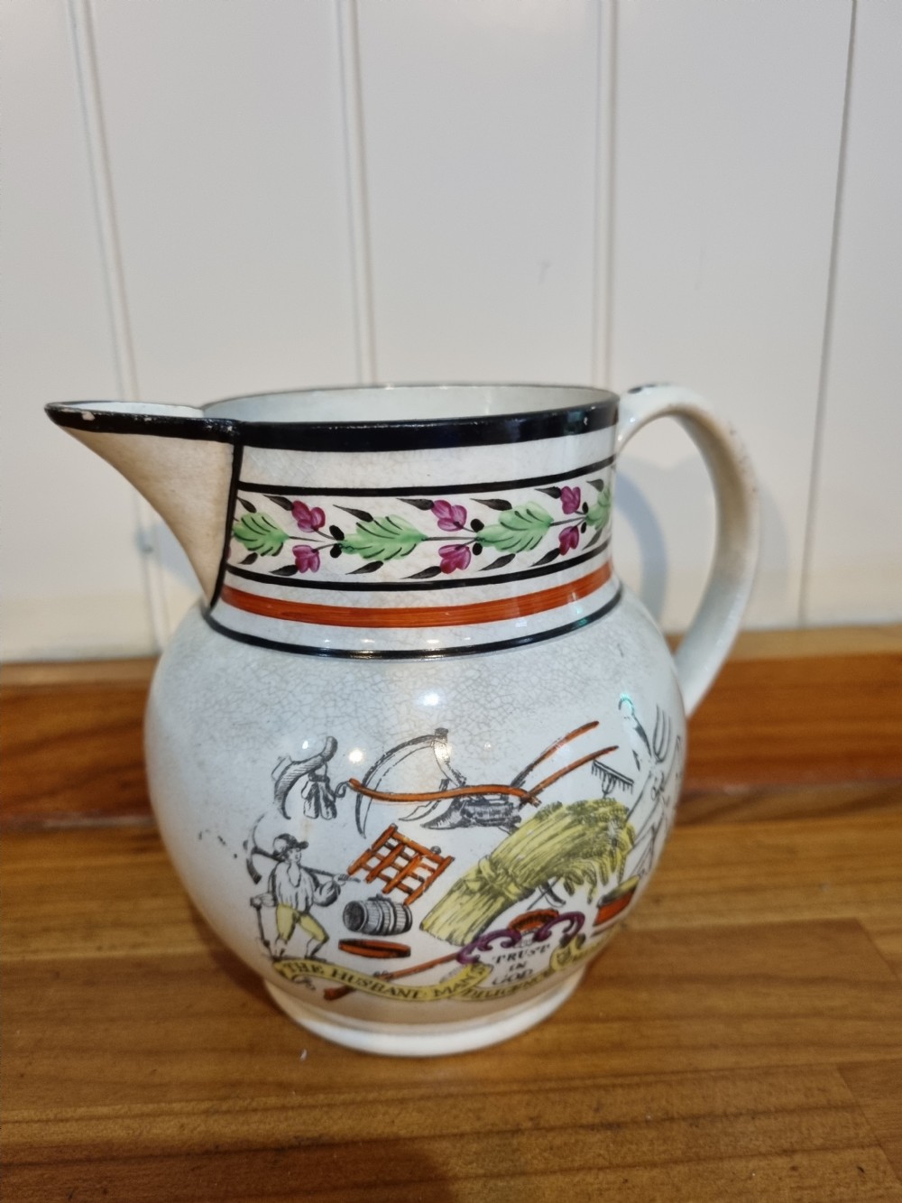 GOOD LATE18THC/E19THC PEARLWARE FARMER,S JUG  YORKSHIRE. View III