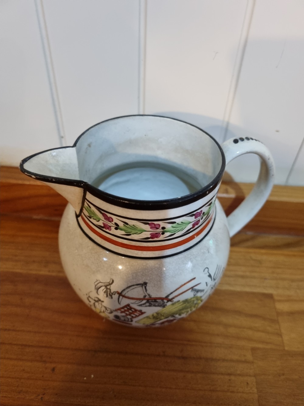 GOOD LATE18THC/E19THC PEARLWARE FARMER,S JUG  YORKSHIRE. View V