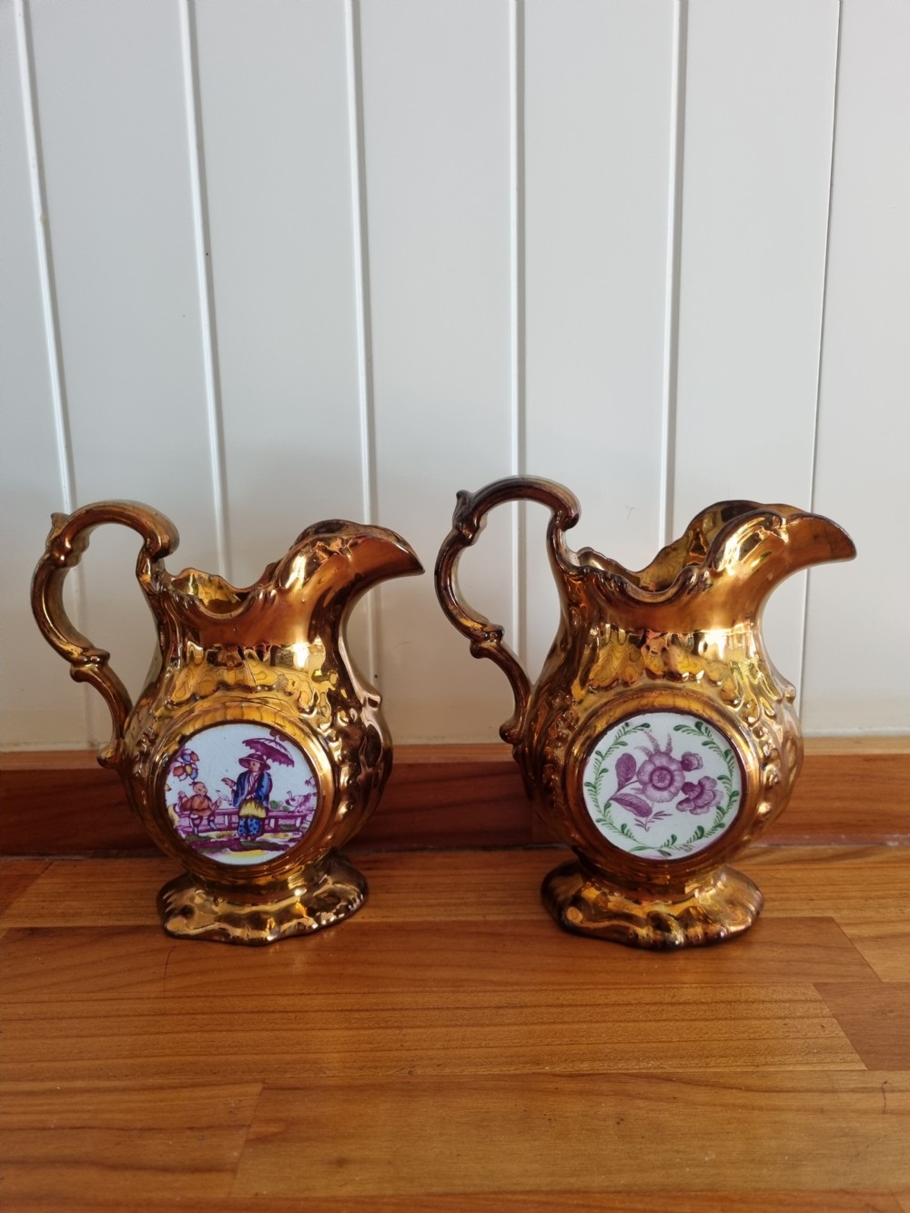 2 WELSH ANTIQUE COPPER LUSTRE CLOCK JUGS PERFECT View II
