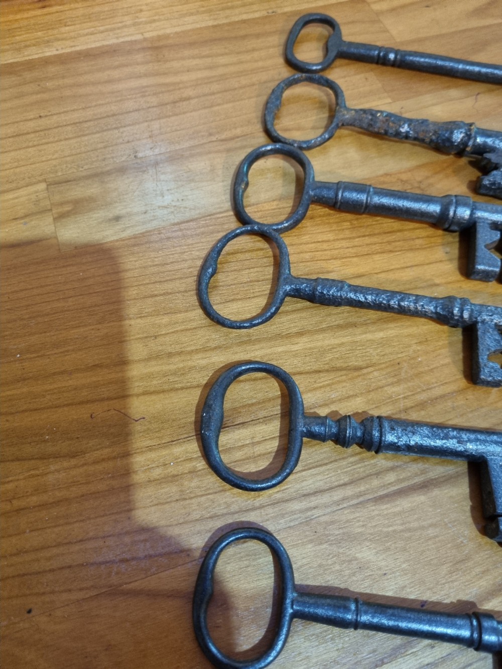 A set of six antique dark cast iron keys with rounded bows and notched bits lying in a row. View III