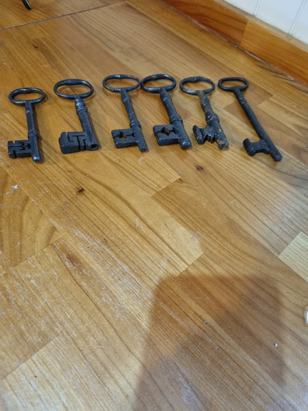 A set of six antique dark cast iron keys with rounded bows and notched bits lying in a row. View IV