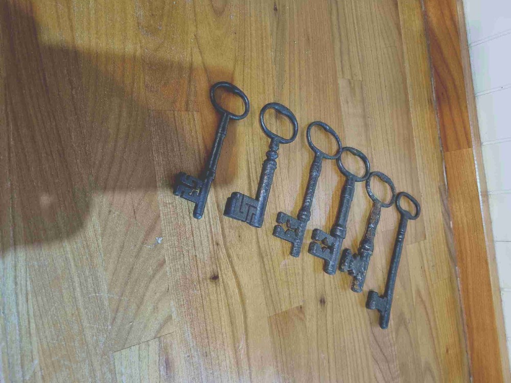 A set of six antique dark cast iron keys with rounded bows and notched bits lying in a row.