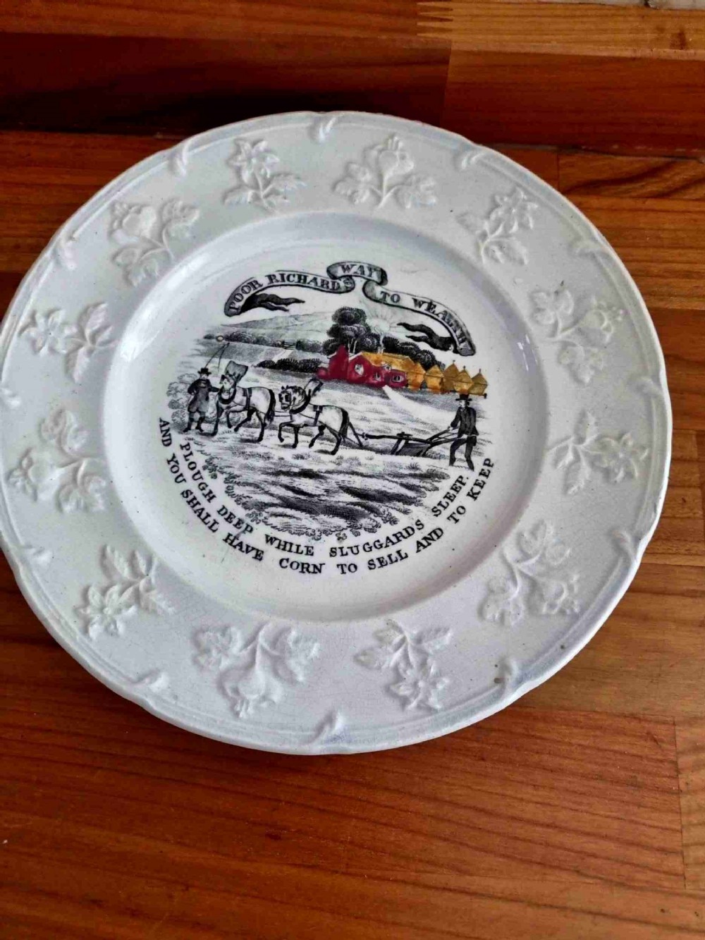 AN EARLY 19THC CHILDREN,S PLATE WITH AN AMAZING SAYING ON IT 
