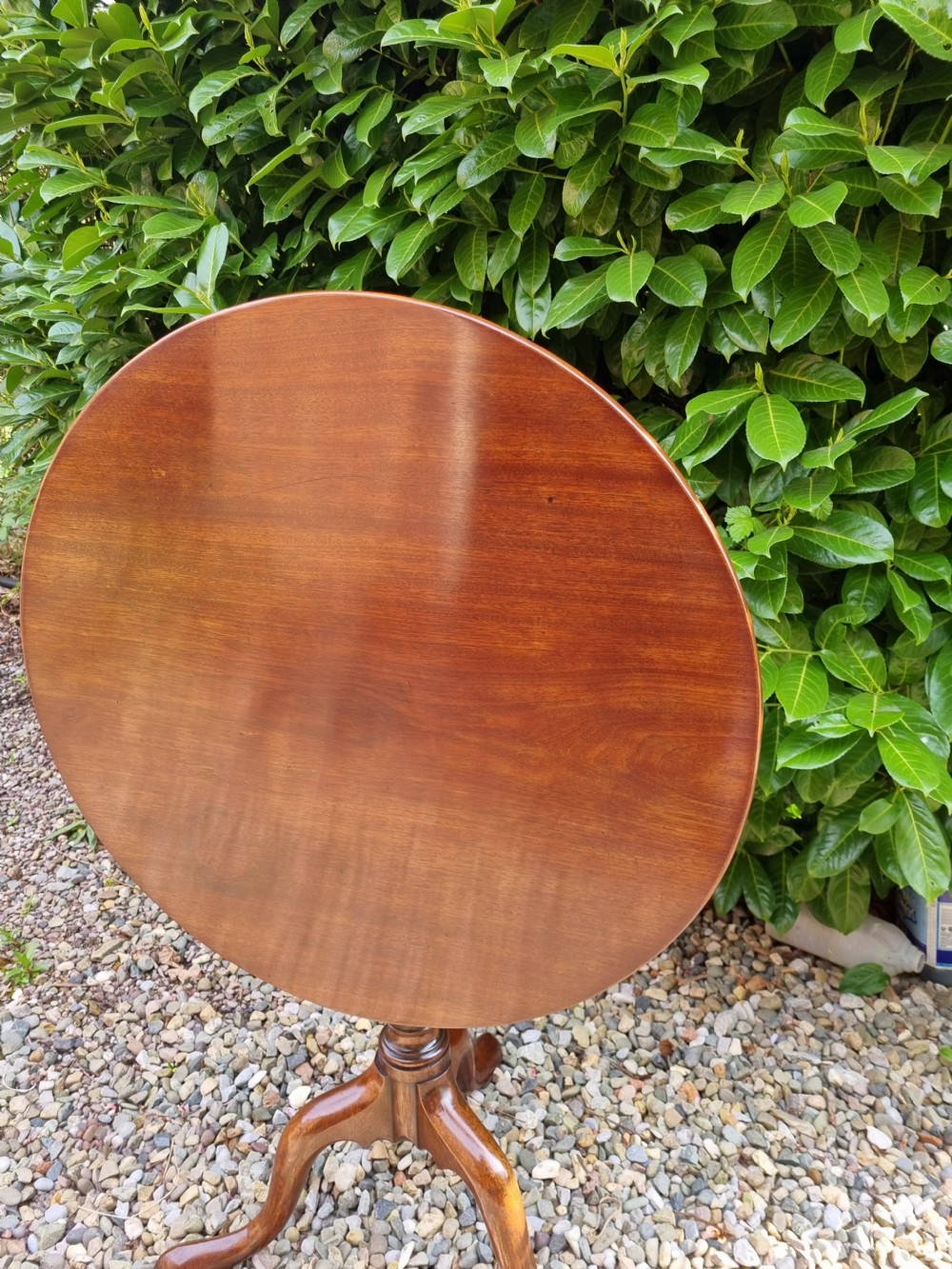 An antique Georgian circular mahogany tripod table shown tilted vertically on a turned stem with three cabriole legs. View V
