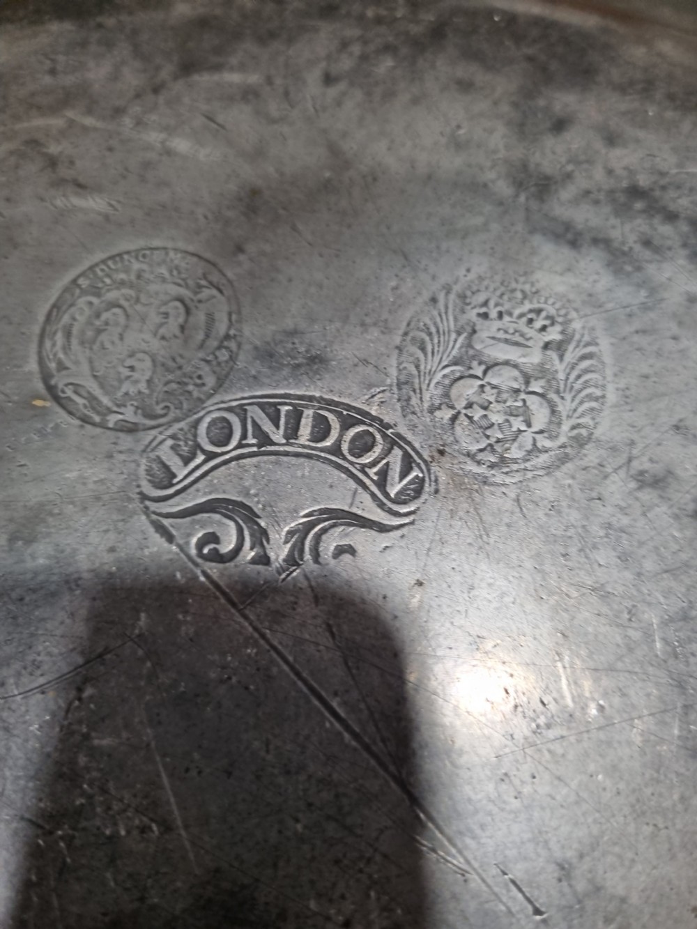 GOOD 18THC PEWTER CHARGER WITH TOUCHMARKS. View II
