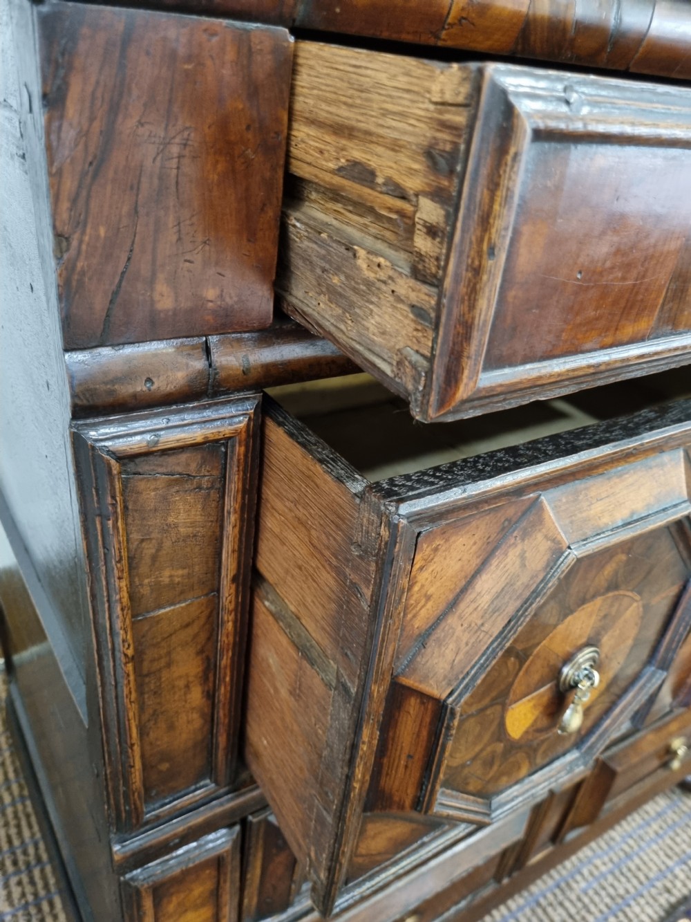   17THC WALNUT OAK AND OYSTER WALNUT 2 PART CHEST View IV