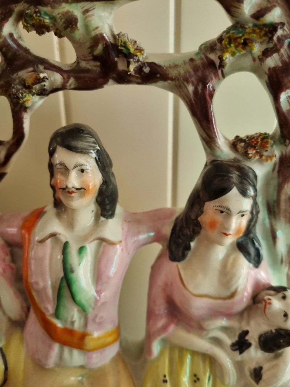 19TH CENTURY COLOURFUL STAFFORDSHIRE FIGURE OF A COURTING COUPLE WITH DOG  View II