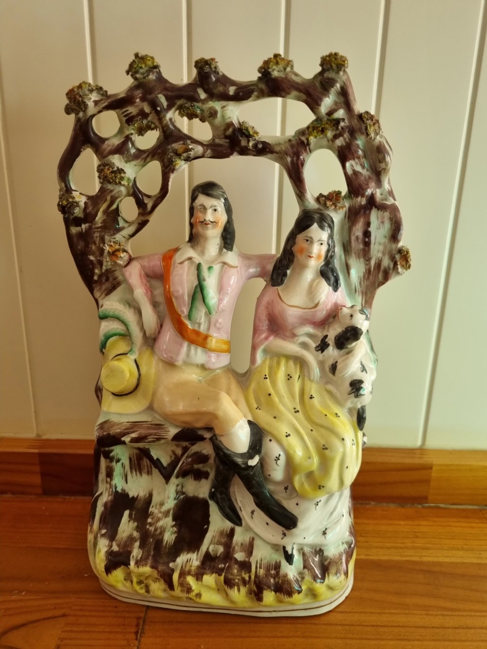 19TH CENTURY COLOURFUL STAFFORDSHIRE FIGURE OF A COURTING COUPLE WITH DOG  View VI