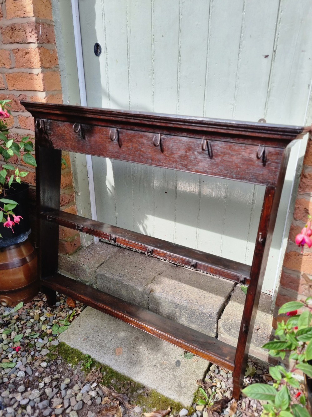 A WALL HANGING 18THC OAK PLATE/DELFT RACK WITH ORIGINAL IRON CUP HOOKS  View III
