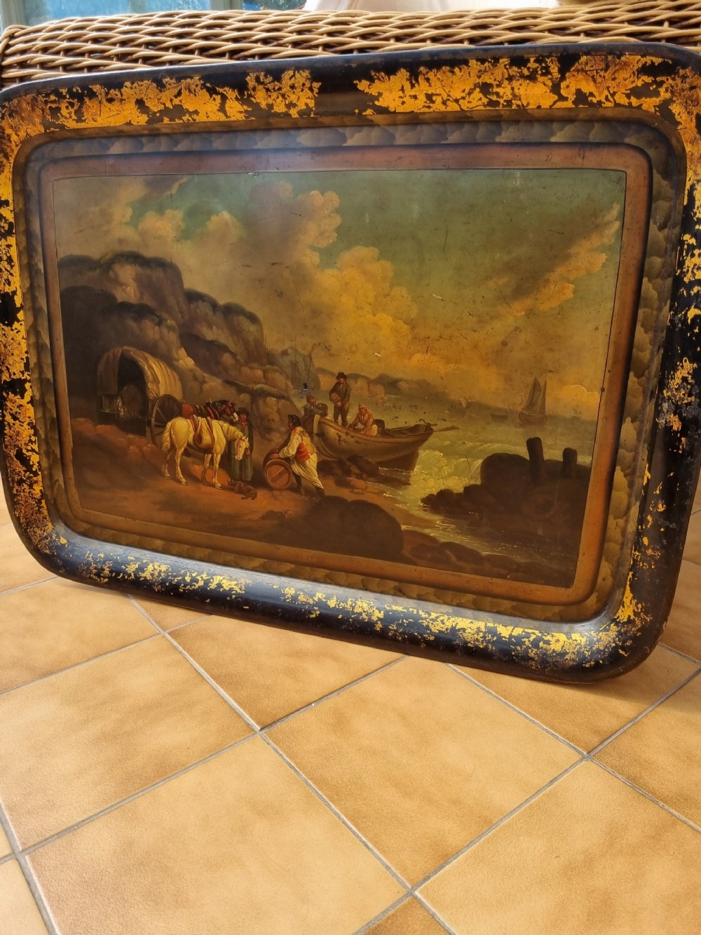 SUPERB ORIGINAL PONTYPOOL TOLEWARE TRAY OF THE SMUGGLERS 