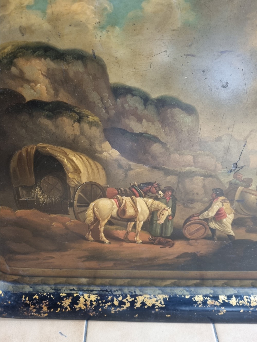 SUPERB ORIGINAL PONTYPOOL TOLEWARE TRAY OF THE SMUGGLERS  View II